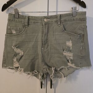 SHEIN Green Jean Shorts Distressed Style